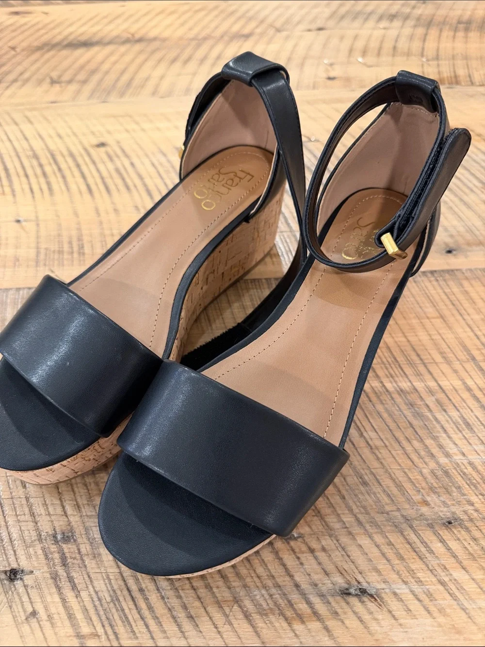 Franco Sarto faux Leather Black Wedge Sandals with Ankle Strap